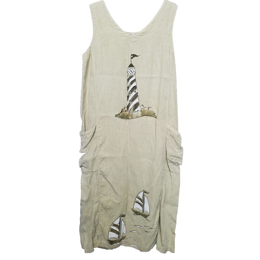 Click by Color Me Cotton Vintage Linen Lighthouse Sailboat Maxi Shift Dress Sz M